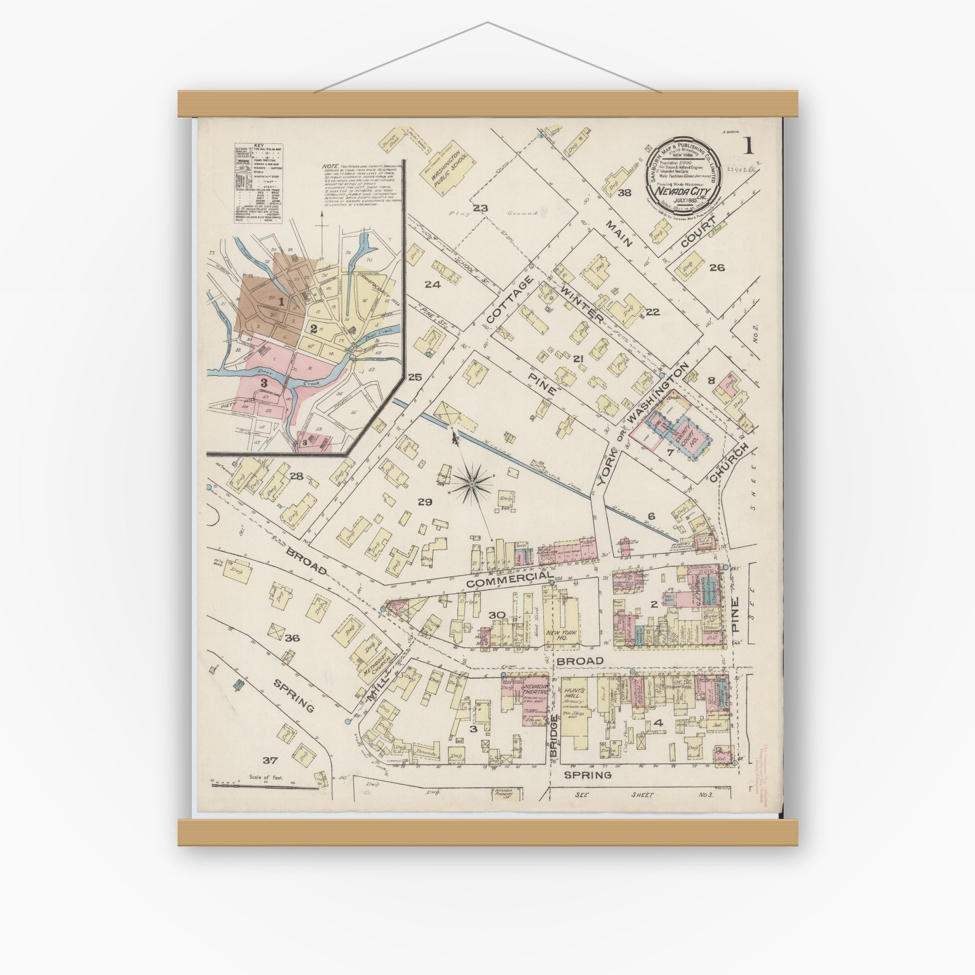 Old map wall art mockup — magnetic wood frame on white wall — Sanborn Fire Insurance Map from Nevada City, Nevada County, California (1885) - Complete Map Set