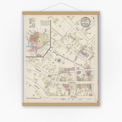 Old map wall art mockup — magnetic wood frame on white wall — Sanborn Fire Insurance Map from Nevada City, Nevada County, California (1885) - Complete Map Set