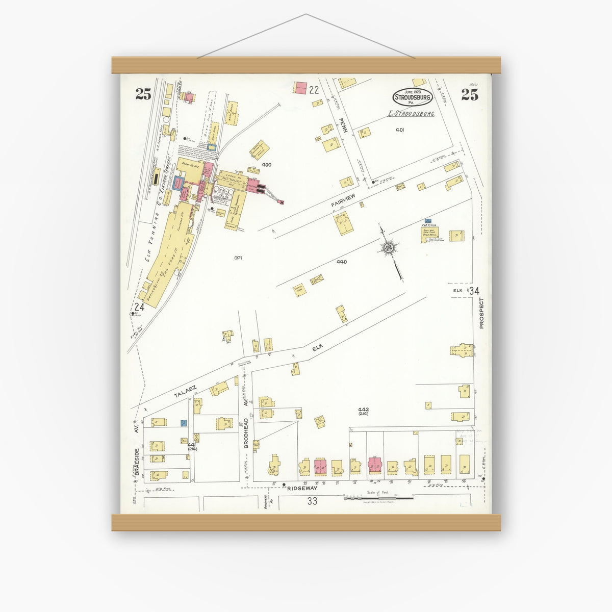 Old map wall art mockup — magnetic wood frame on white wall — Sanborn Fire Insurance Map from Stroudsburg, Monroe County, Pennsylvania (1923), Sheet #0025