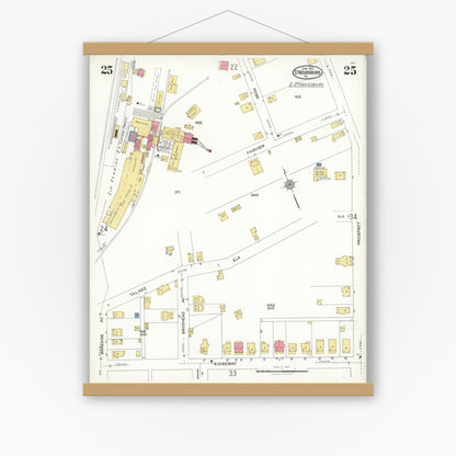 Old map wall art mockup — magnetic wood frame on white wall — Sanborn Fire Insurance Map from Stroudsburg, Monroe County, Pennsylvania (1923), Sheet #0025