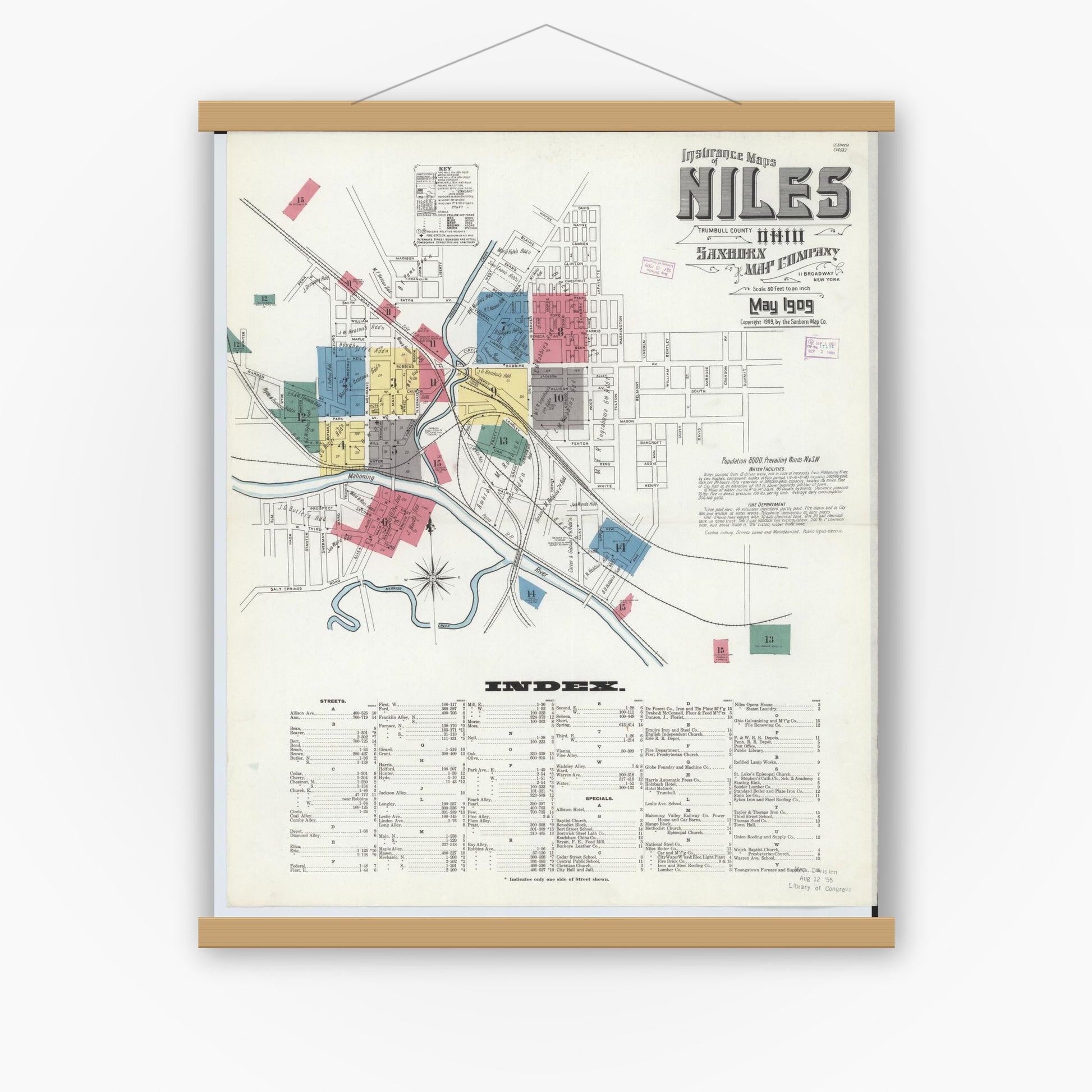 Old map wall art mockup — magnetic wood frame on white wall — Sanborn Fire Insurance Map from Niles, Trumbull County, Ohio (1909) - Complete Map Set