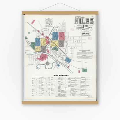 Old map wall art mockup — magnetic wood frame on white wall — Sanborn Fire Insurance Map from Niles, Trumbull County, Ohio (1909) - Complete Map Set