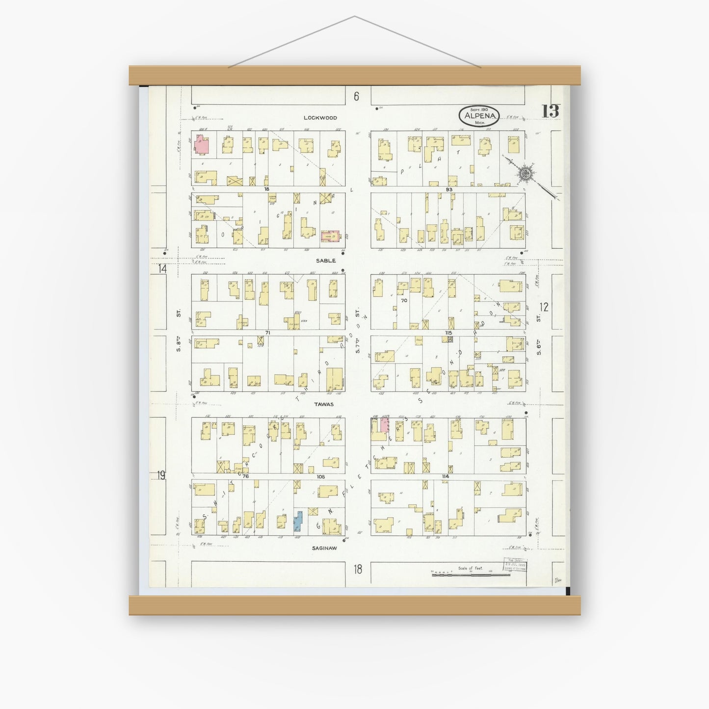 Old map wall art mockup — magnetic wood frame on white wall — Sanborn Fire Insurance Map from Alpena, Alpena County, Michigan (1910), Sheet #0013