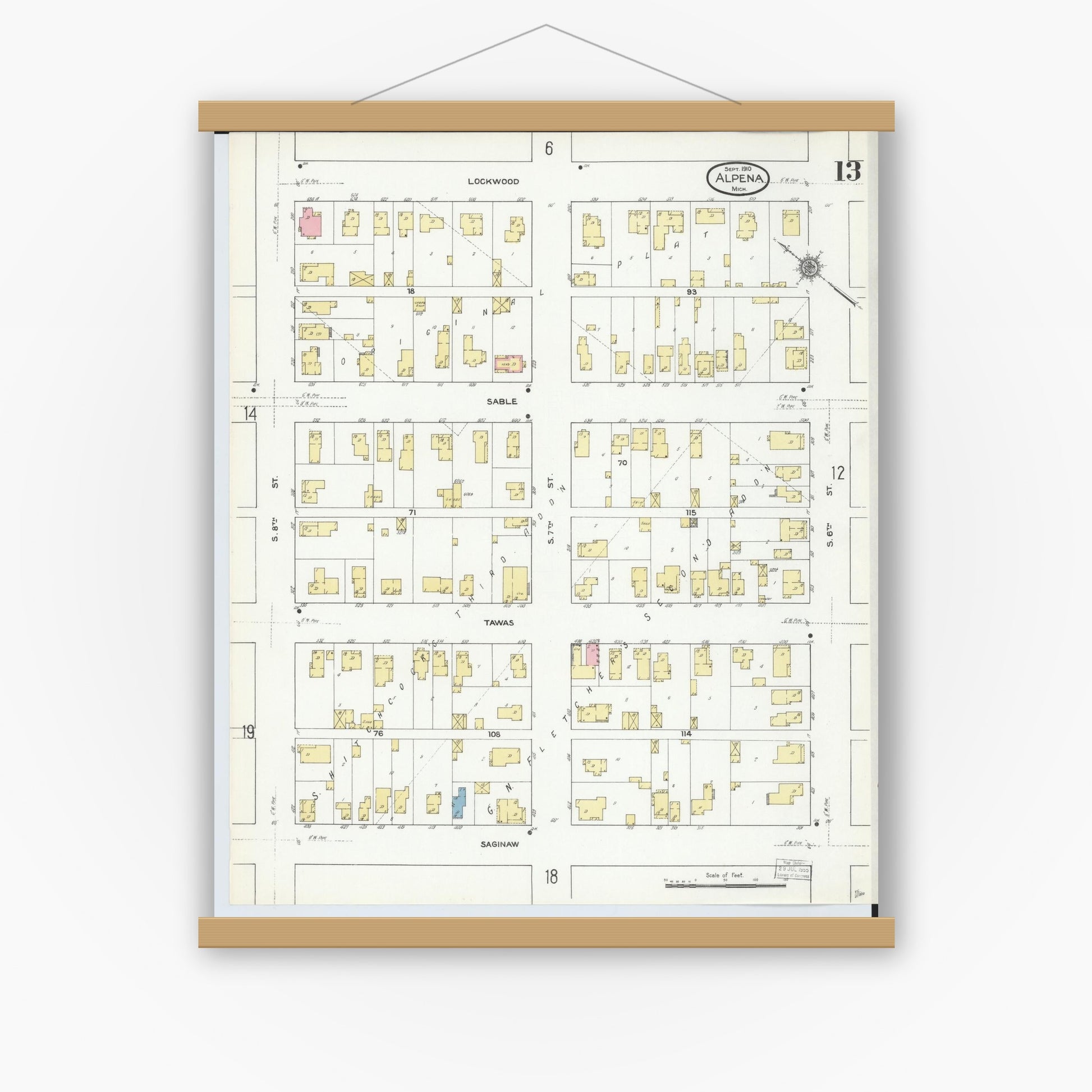Old map wall art mockup — magnetic wood frame on white wall — Sanborn Fire Insurance Map from Alpena, Alpena County, Michigan (1910), Sheet #0013
