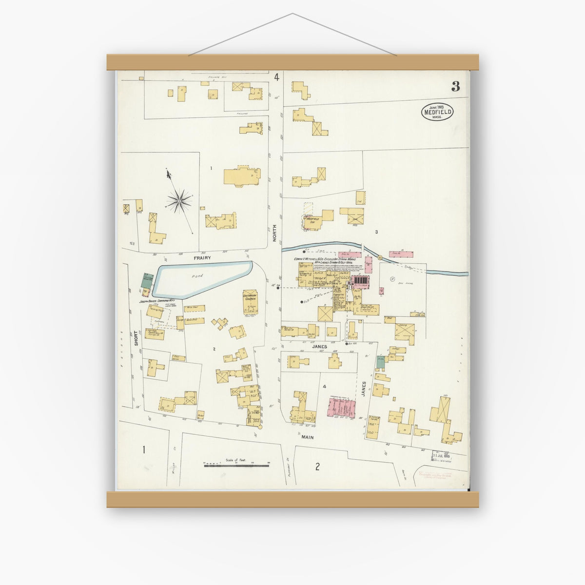 Old map wall art mockup — magnetic wood frame on white wall — Sanborn Fire Insurance Map from Medfield, Norfolk County, Massachusetts (1903), Sheet #0003