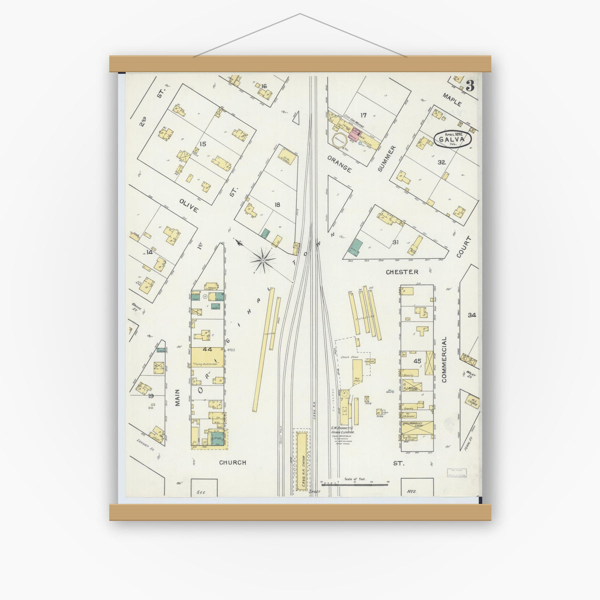 Old map wall art mockup — magnetic wood frame on white wall — Sanborn Fire Insurance Map from Galva, Henry County, Illinois (1892), Sheet #0003
