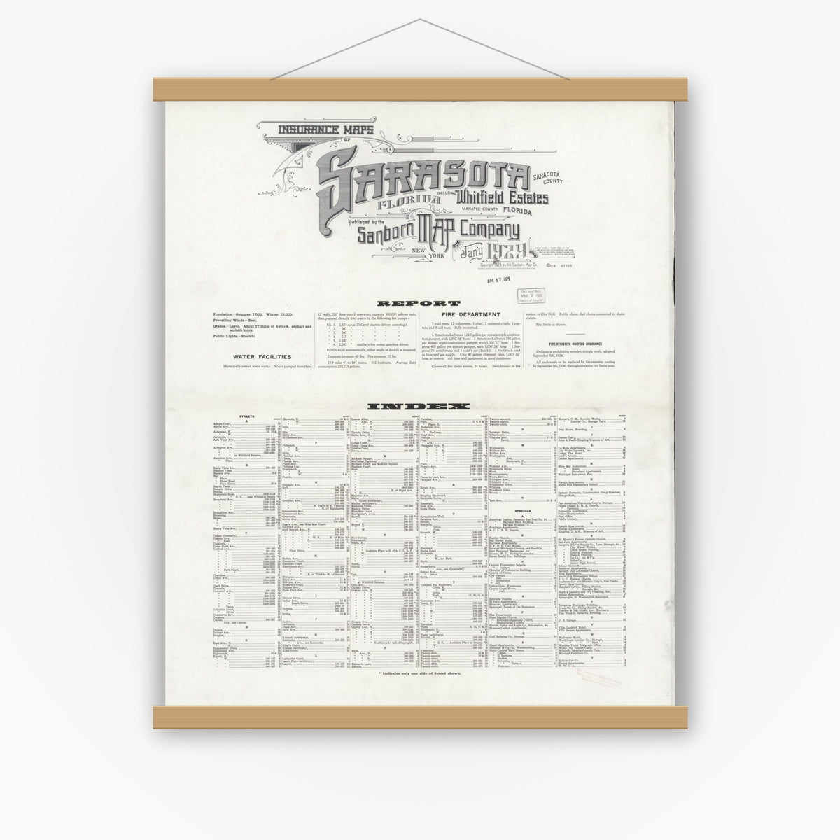 Old map wall art mockup — magnetic wood frame on white wall — Sanborn Fire Insurance Map from Sarasota, Sarasota County, Florida (1929), Sheet #0001