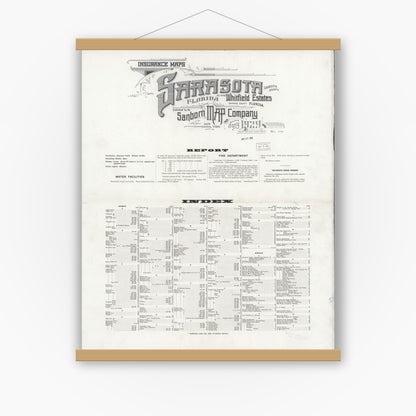 Old map wall art mockup — magnetic wood frame on white wall — Sanborn Fire Insurance Map from Sarasota, Sarasota County, Florida (1929), Sheet #0001