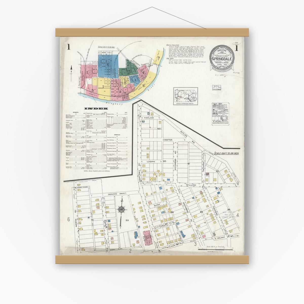 Old map wall art mockup — magnetic wood frame on white wall — Sanborn Fire Insurance Map from Springdale, Allegheny County, Pennsylvania (1924), Sheet #0001