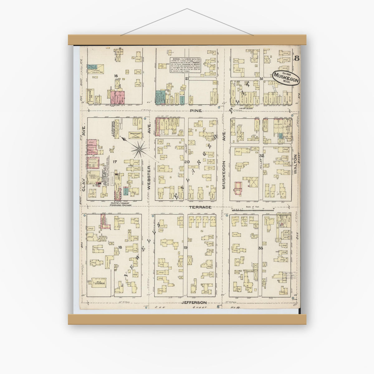 Old map wall art mockup — magnetic wood frame on white wall — Sanborn Fire Insurance Map from Muskegon, Muskegon County, Michigan (1883), Sheet #0008