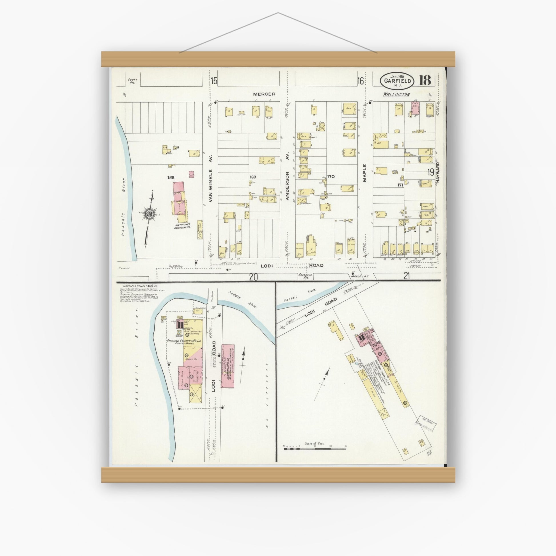 Old map wall art mockup — magnetic wood frame on white wall — Sanborn Fire Insurance Map from Garfield, Bergen County, New Jersey (1910), Sheet #0018