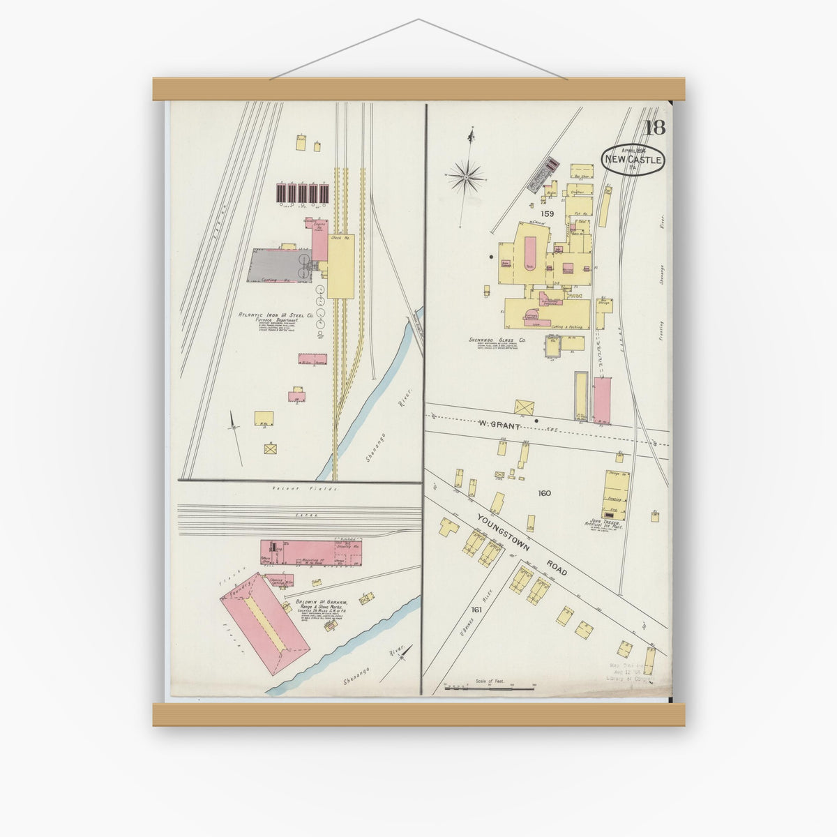 Old map wall art mockup — magnetic wood frame on white wall — Sanborn Fire Insurance Map from New Castle, Lawrence County, Pennsylvania (1894), Sheet #0018