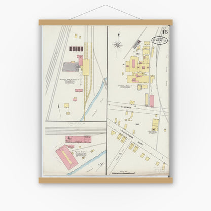 Old map wall art mockup — magnetic wood frame on white wall — Sanborn Fire Insurance Map from New Castle, Lawrence County, Pennsylvania (1894), Sheet #0018