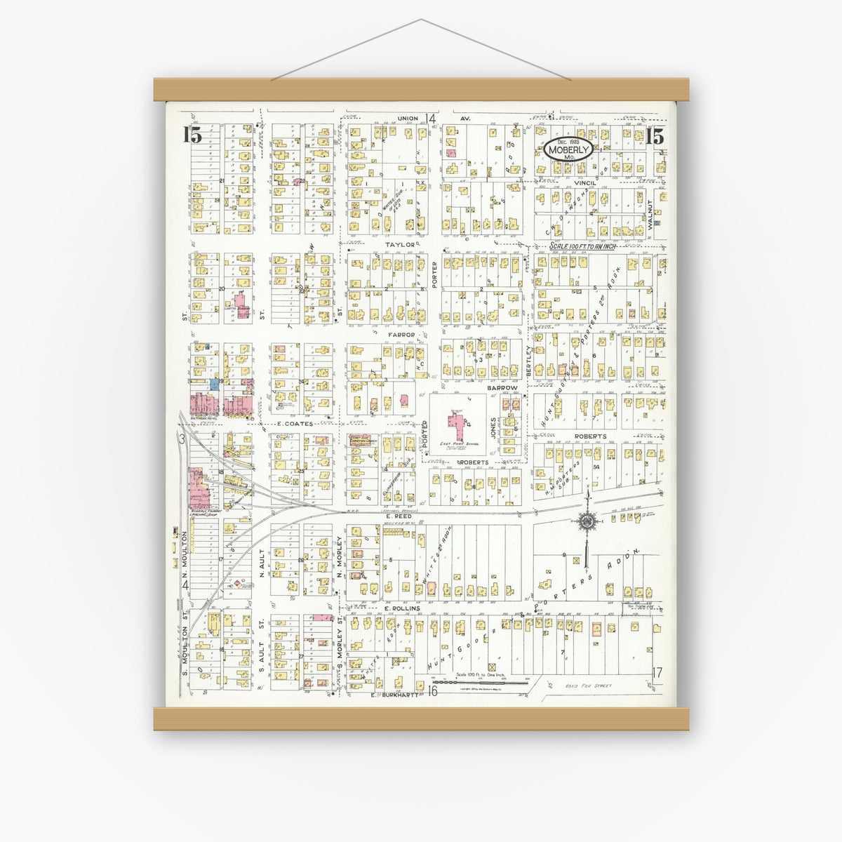 Old map wall art mockup — magnetic wood frame on white wall — Sanborn Fire Insurance Map from Moberly, Randolph County, Missouri (1923), Sheet #0015