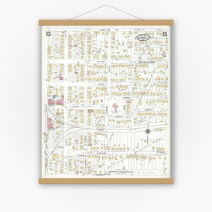 Old map wall art mockup — magnetic wood frame on white wall — Sanborn Fire Insurance Map from Moberly, Randolph County, Missouri (1923), Sheet #0015
