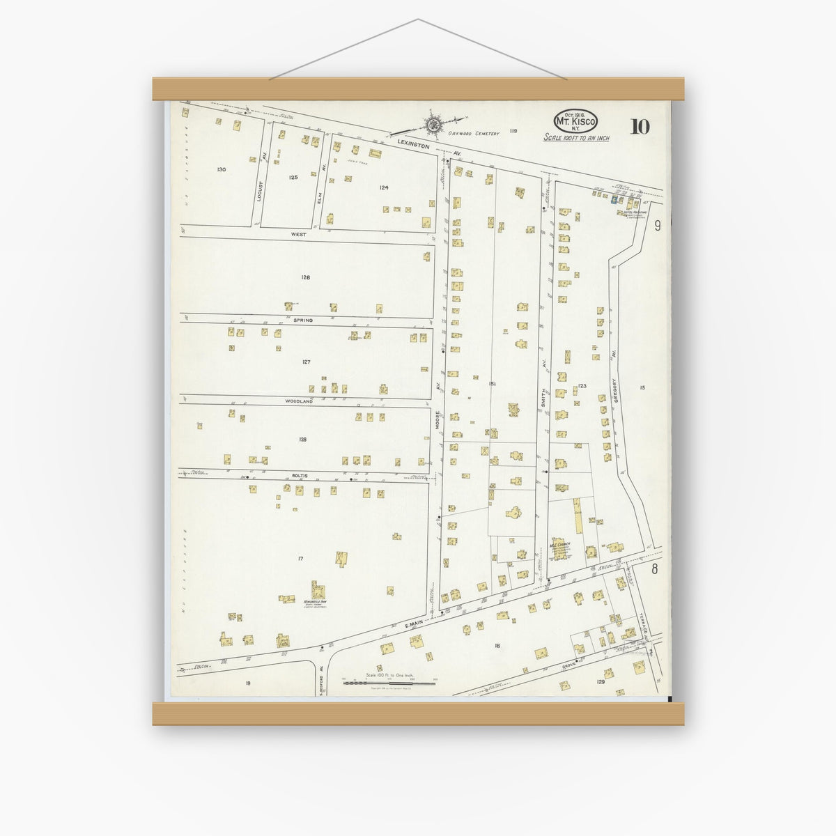Old map wall art mockup — magnetic wood frame on white wall — Sanborn Fire Insurance Map from Mount Kisco, Westchester County, New York (1916), Sheet #0010