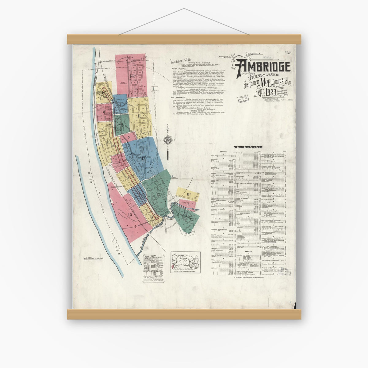 Old map wall art mockup — magnetic wood frame on white wall — Sanborn Fire Insurance Map from Ambridge, Beaver County, Pennsylvania (1923), Sheet #0001