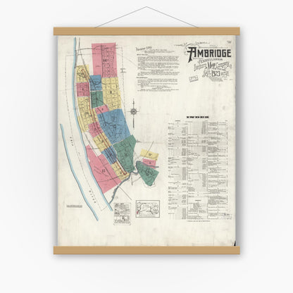 Old map wall art mockup — magnetic wood frame on white wall — Sanborn Fire Insurance Map from Ambridge, Beaver County, Pennsylvania (1923), Sheet #0001