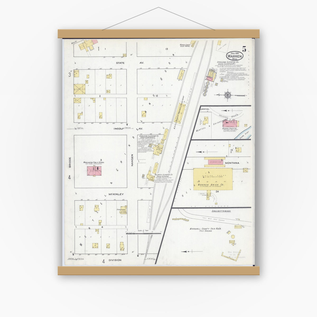 Old map wall art mockup — magnetic wood frame on white wall — Sanborn Fire Insurance Map from Warren, Marshall County, Minnesota (1915), Sheet #0005