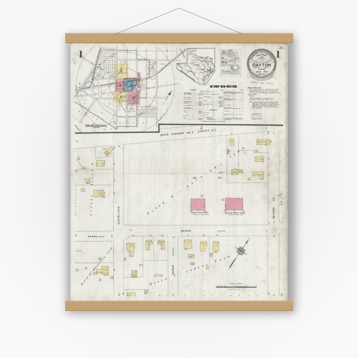 Old map wall art mockup — magnetic wood frame on white wall — Sanborn Fire Insurance Map from Dayton, Liberty County, Texas (1927), Sheet #0001
