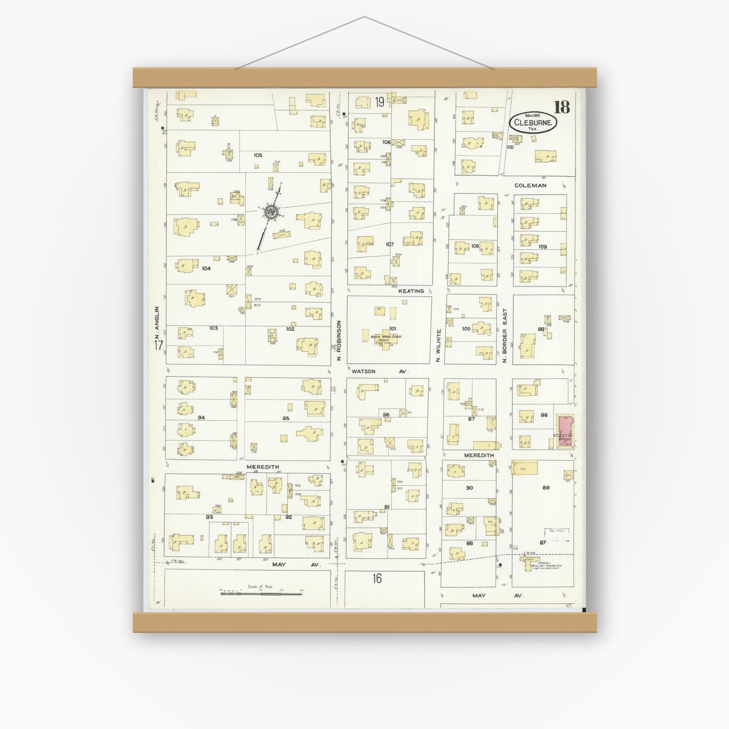 Old map wall art mockup — magnetic wood frame on white wall — Sanborn Fire Insurance Map from Cleburne, Johnson County, Texas (1910), Sheet #0018