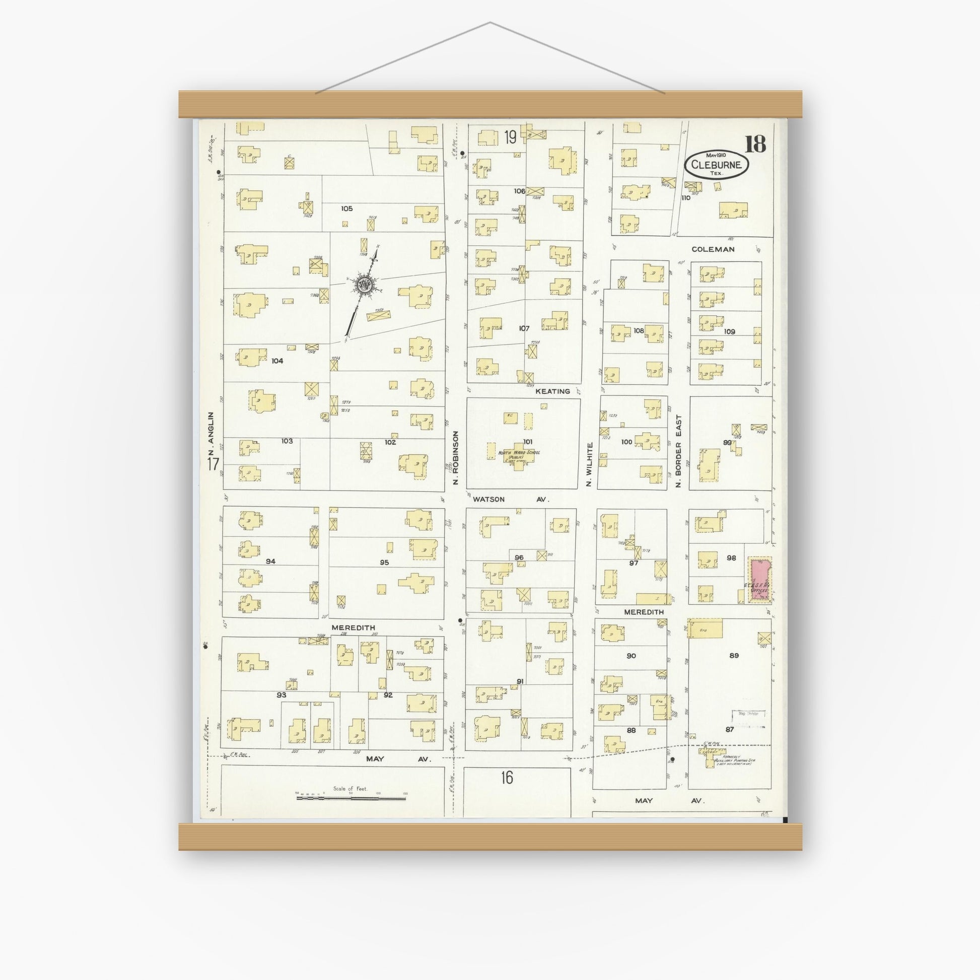 Old map wall art mockup — magnetic wood frame on white wall — Sanborn Fire Insurance Map from Cleburne, Johnson County, Texas (1910), Sheet #0018