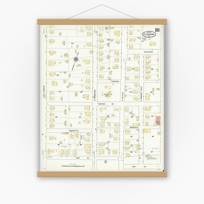 Old map wall art mockup — magnetic wood frame on white wall — Sanborn Fire Insurance Map from Cleburne, Johnson County, Texas (1910), Sheet #0018