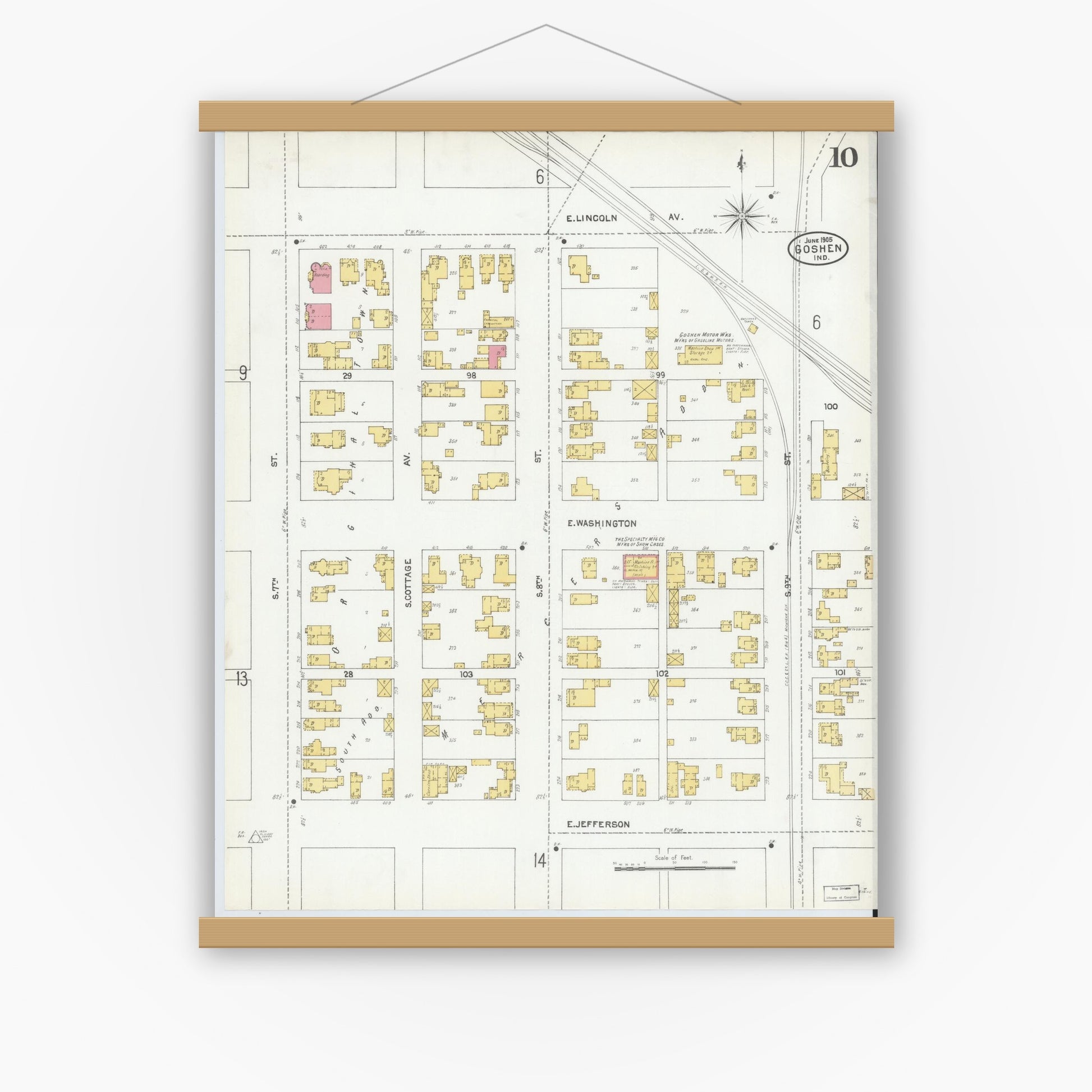 Old map wall art mockup — magnetic wood frame on white wall — Sanborn Fire Insurance Map from Goshen, Elkhart County, Indiana (1905), Sheet #0010