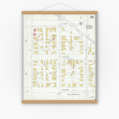 Old map wall art mockup — magnetic wood frame on white wall — Sanborn Fire Insurance Map from Goshen, Elkhart County, Indiana (1905), Sheet #0010
