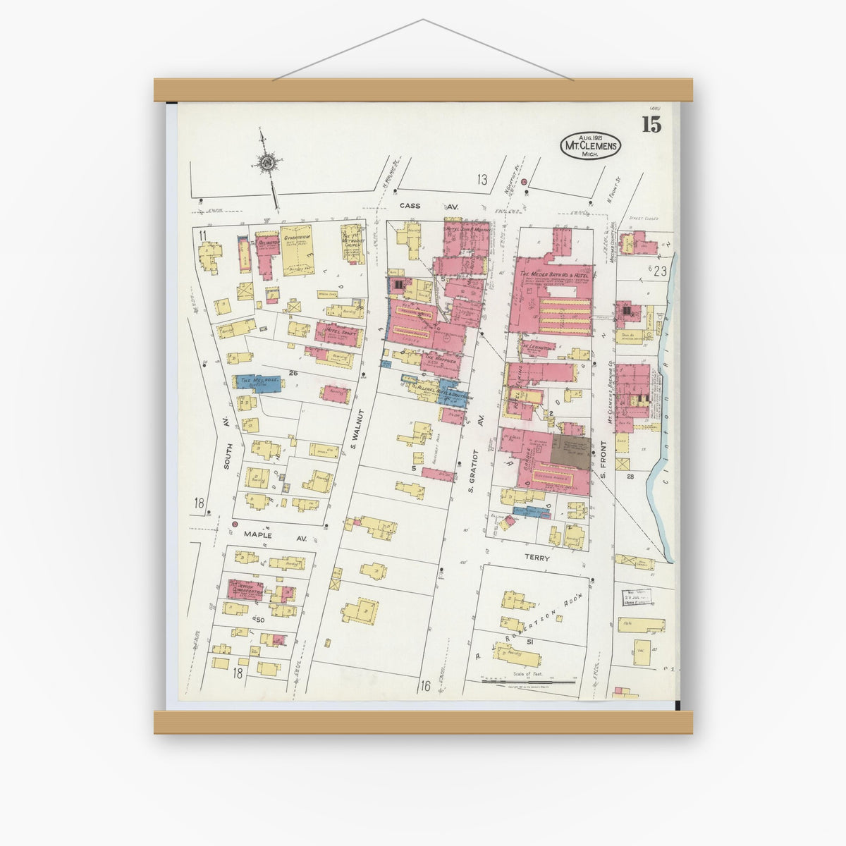 Old map wall art mockup — magnetic wood frame on white wall — Sanborn Fire Insurance Map from Mount Clemens, Macomb County, Michigan (1921), Sheet #0015