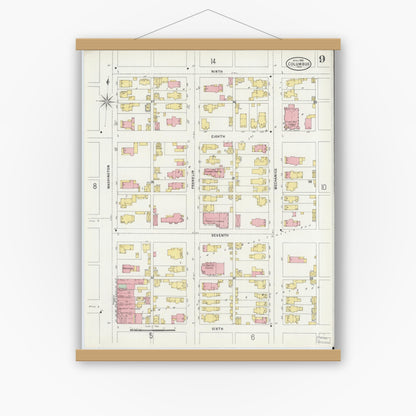 Old map wall art mockup — magnetic wood frame on white wall — Sanborn Fire Insurance Map from Columbus, Bartholomew County, Indiana (1898), Sheet #0009