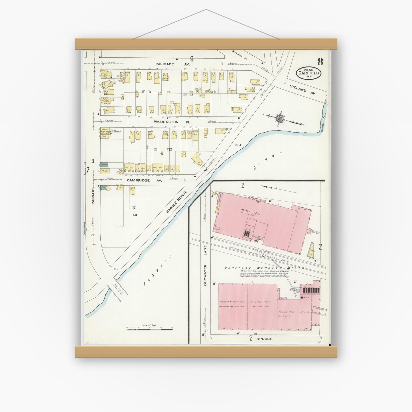 Old map wall art mockup — magnetic wood frame on white wall — Sanborn Fire Insurance Map from Garfield, Bergen County, New Jersey (1910), Sheet #0008