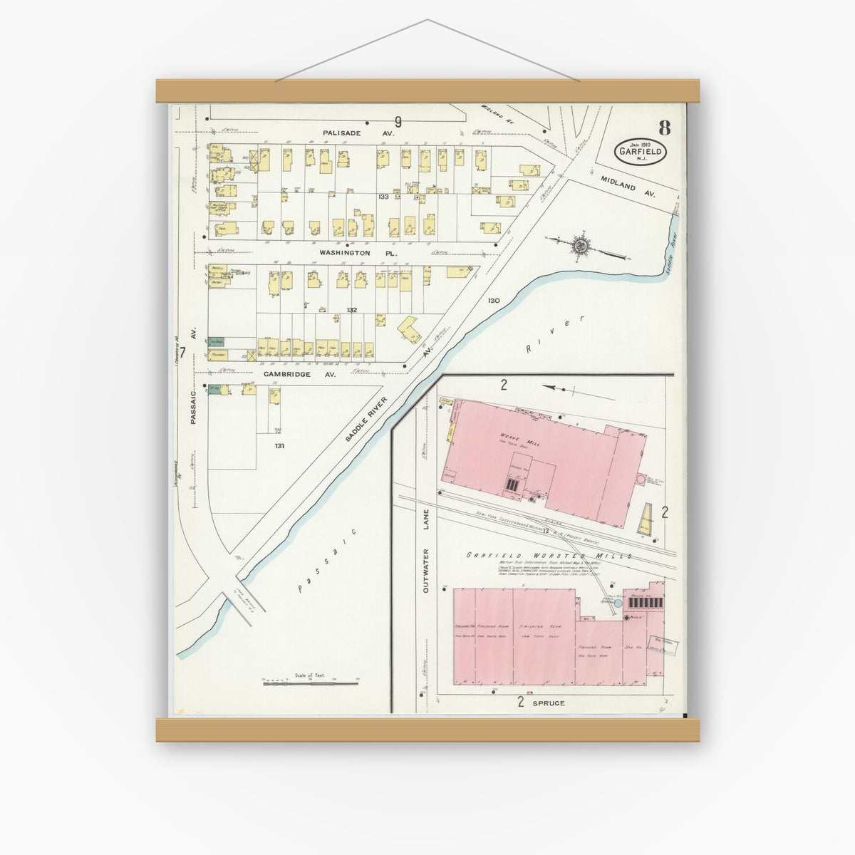 Old map wall art mockup — magnetic wood frame on white wall — Sanborn Fire Insurance Map from Garfield, Bergen County, New Jersey (1910), Sheet #0008