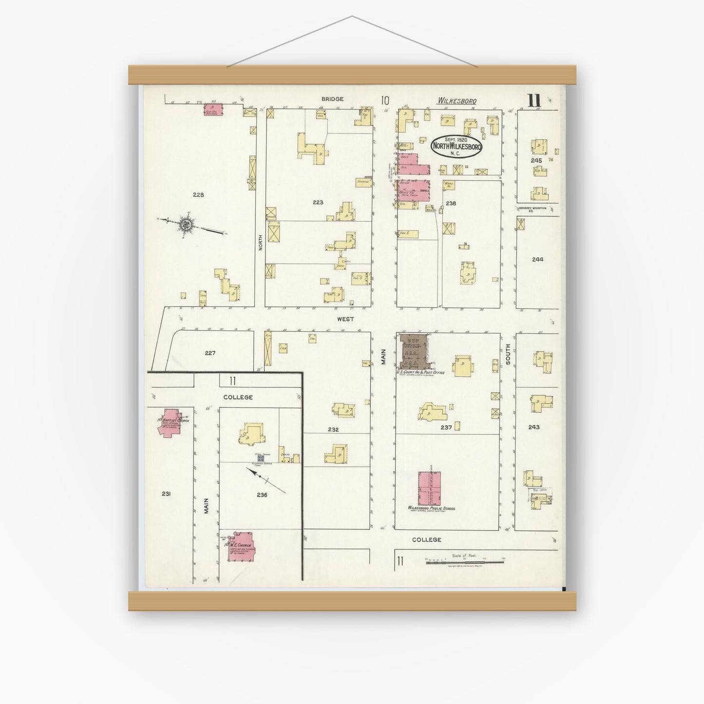 Old map wall art mockup — magnetic wood frame on white wall — Sanborn Fire Insurance Map from North Wilkesboro, Wilkes County, North Carolina (1920), Sheet #0011