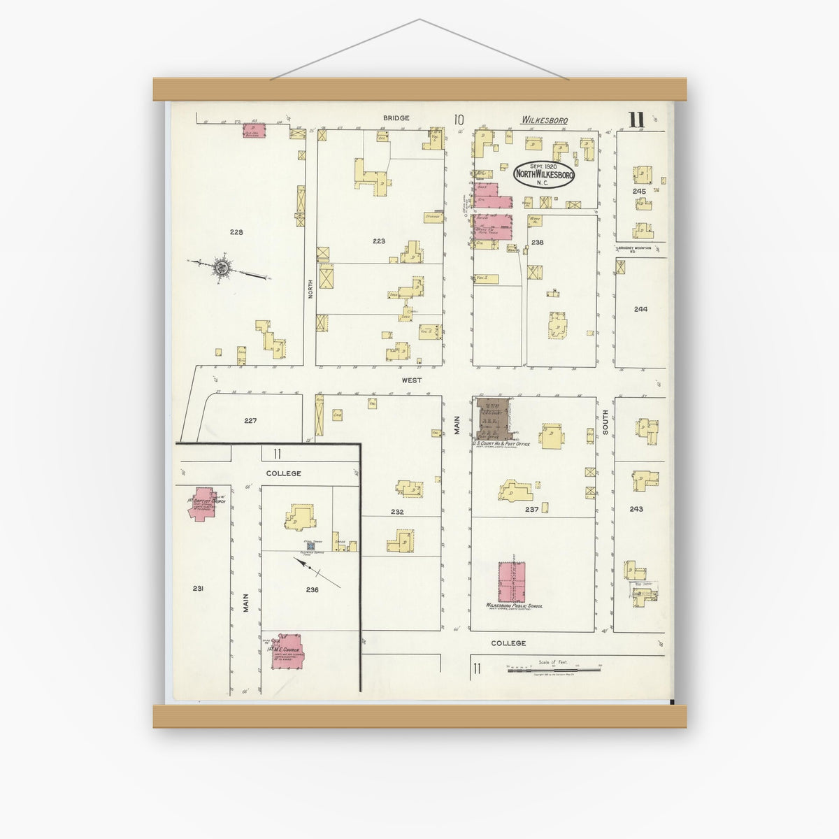 Old map wall art mockup — magnetic wood frame on white wall — Sanborn Fire Insurance Map from North Wilkesboro, Wilkes County, North Carolina (1920), Sheet #0011