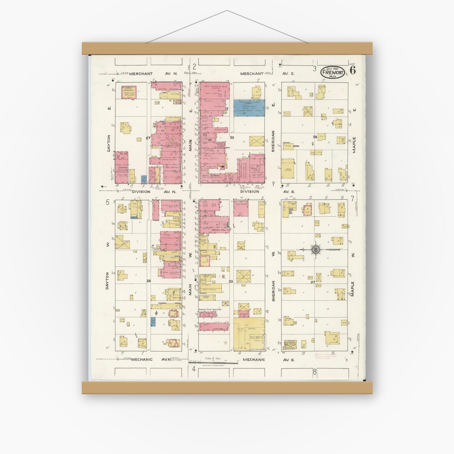 Old map wall art mockup — magnetic wood frame on white wall — Sanborn Fire Insurance Map from Fremont, Newaygo County, Michigan (1921), Sheet #0006