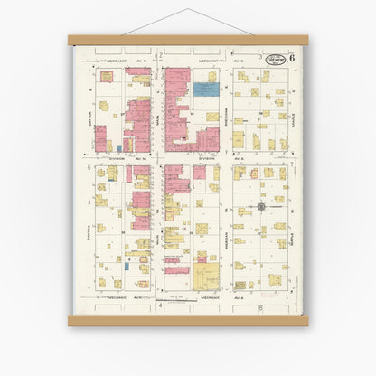 Old map wall art mockup — magnetic wood frame on white wall — Sanborn Fire Insurance Map from Fremont, Newaygo County, Michigan (1921), Sheet #0006