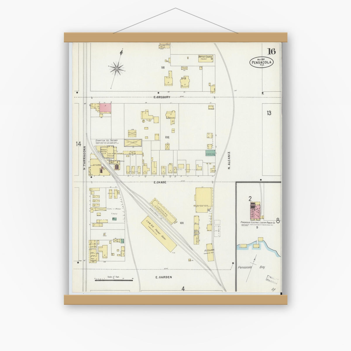 Old map wall art mockup — magnetic wood frame on white wall — Sanborn Fire Insurance Map from Pensacola, Escambia County, Florida (1897), Sheet #0016