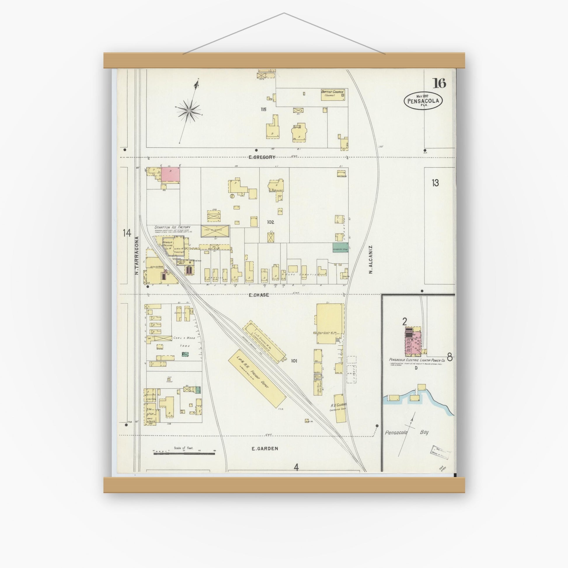 Old map wall art mockup — magnetic wood frame on white wall — Sanborn Fire Insurance Map from Pensacola, Escambia County, Florida (1897), Sheet #0016