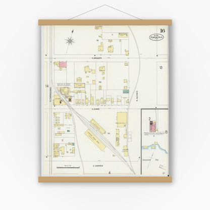 Old map wall art mockup — magnetic wood frame on white wall — Sanborn Fire Insurance Map from Pensacola, Escambia County, Florida (1897), Sheet #0016