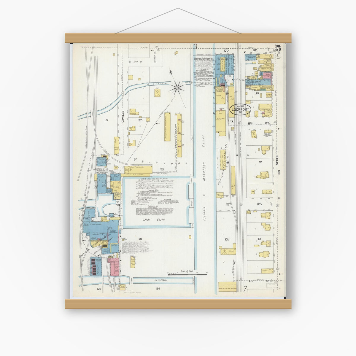 Old map wall art mockup — magnetic wood frame on white wall — Sanborn Fire Insurance Map from Lockport, Will County, Illinois (1902), Sheet #0005