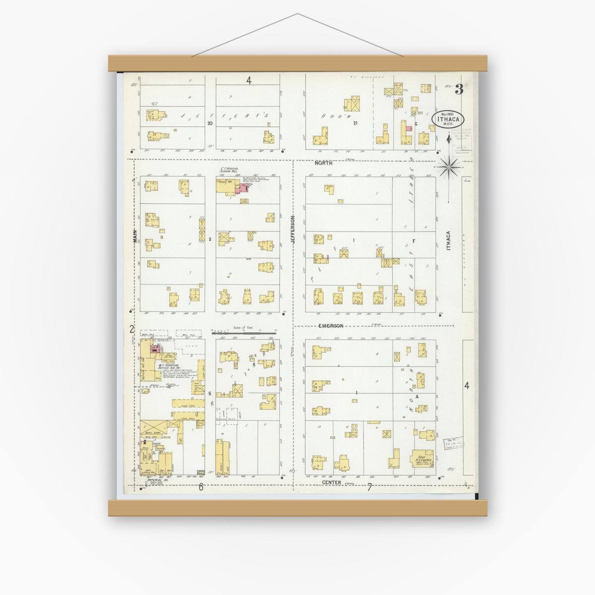 Old map wall art mockup — magnetic wood frame on white wall — Sanborn Fire Insurance Map from Ithaca, Gratiot County, Michigan (1900), Sheet #0003