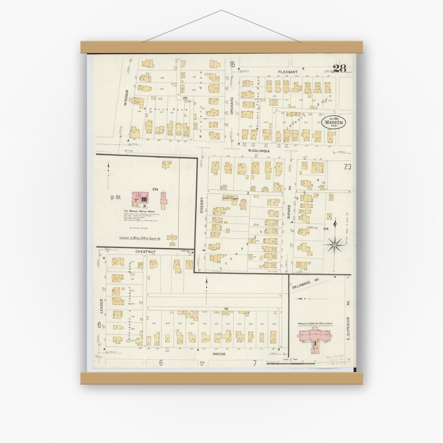 Old map wall art mockup — magnetic wood frame on white wall — Sanborn Fire Insurance Map from Marion, Marion County, Ohio (1908), Sheet #0028