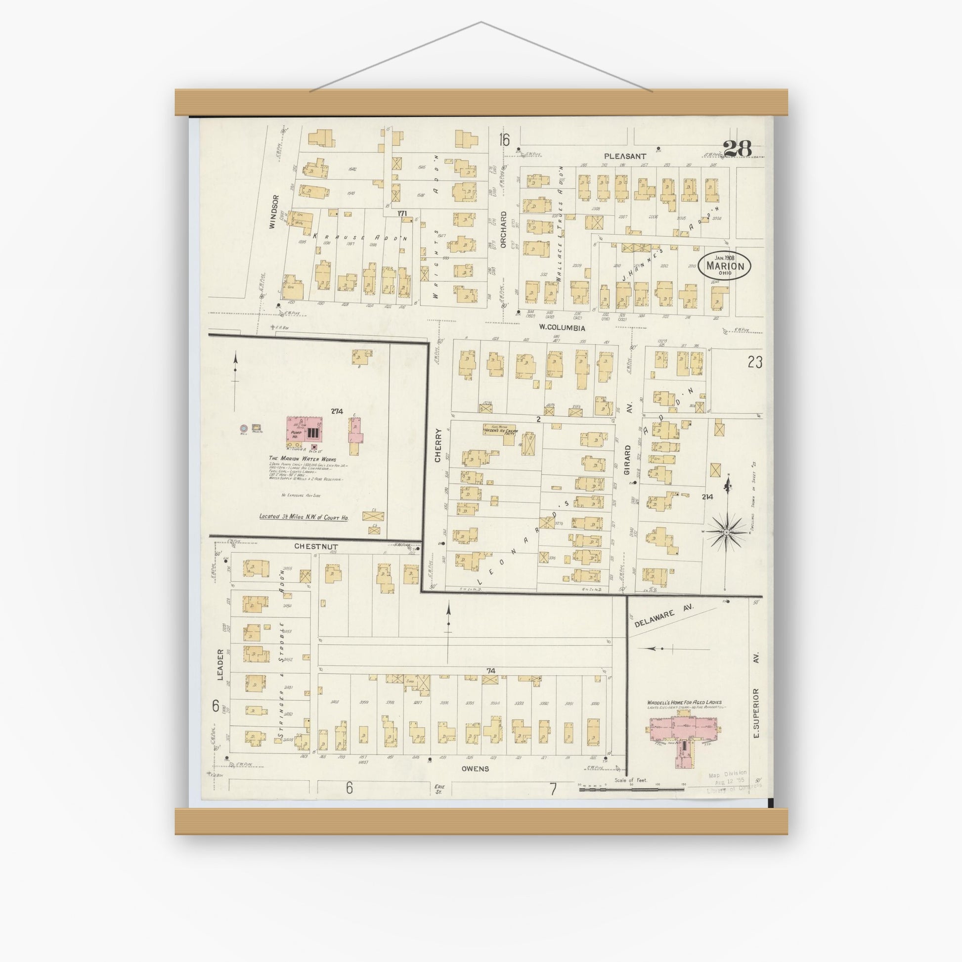 Old map wall art mockup — magnetic wood frame on white wall — Sanborn Fire Insurance Map from Marion, Marion County, Ohio (1908), Sheet #0028