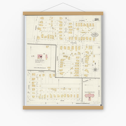 Old map wall art mockup — magnetic wood frame on white wall — Sanborn Fire Insurance Map from Marion, Marion County, Ohio (1908), Sheet #0028