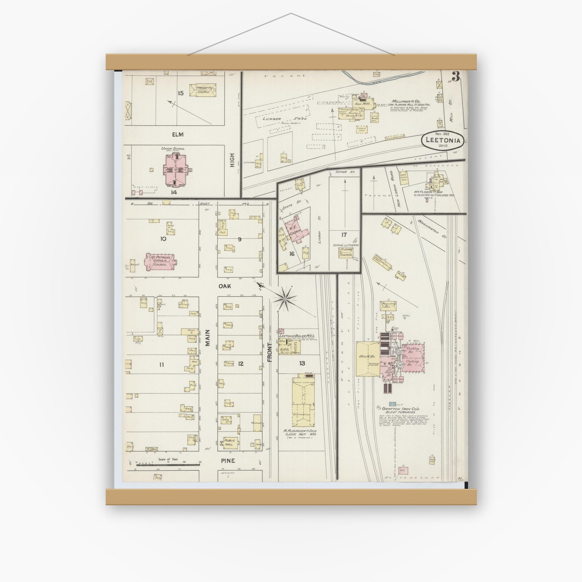 Old map wall art mockup — magnetic wood frame on white wall — Sanborn Fire Insurance Map from Leetonia, Columbiana County, Ohio (1888), Sheet #0003