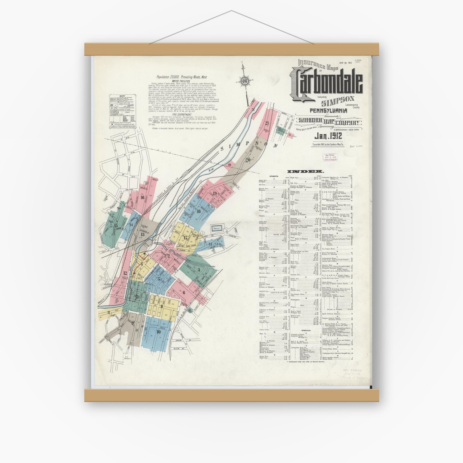 Old map wall art mockup — magnetic wood frame on white wall — Sanborn Fire Insurance Map from Carbondale, Lackawanna County, Pennsylvania (1912), Sheet #0001