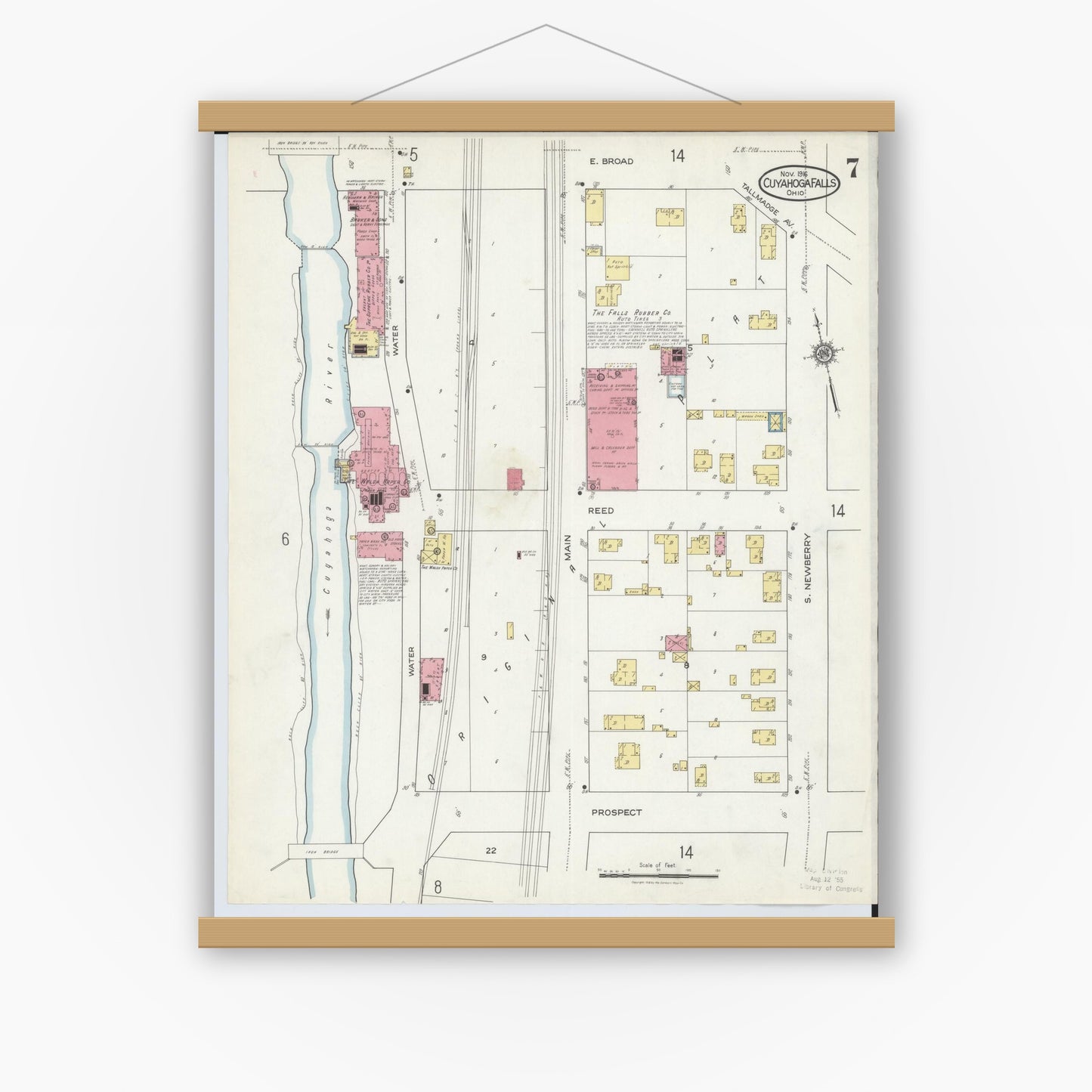 Old map wall art mockup — magnetic wood frame on white wall — Sanborn Fire Insurance Map from Cuyahoga Falls, Summit County, Ohio (1916), Sheet #0007