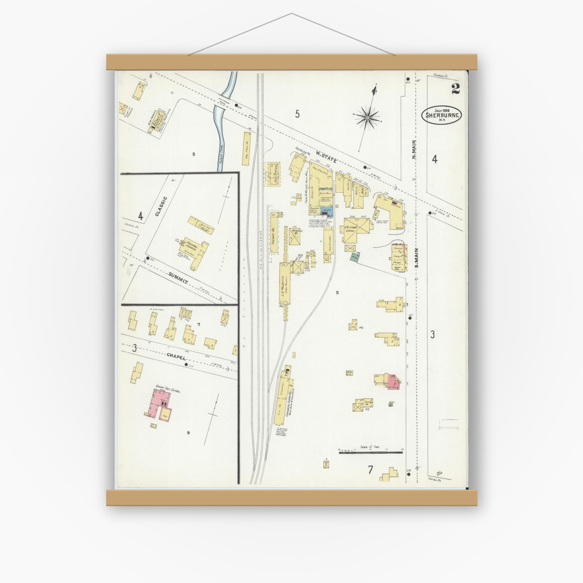 Old map wall art mockup — magnetic wood frame on white wall — Sanborn Fire Insurance Map from Sherburne, Chenango County, New York (1906), Sheet #0002