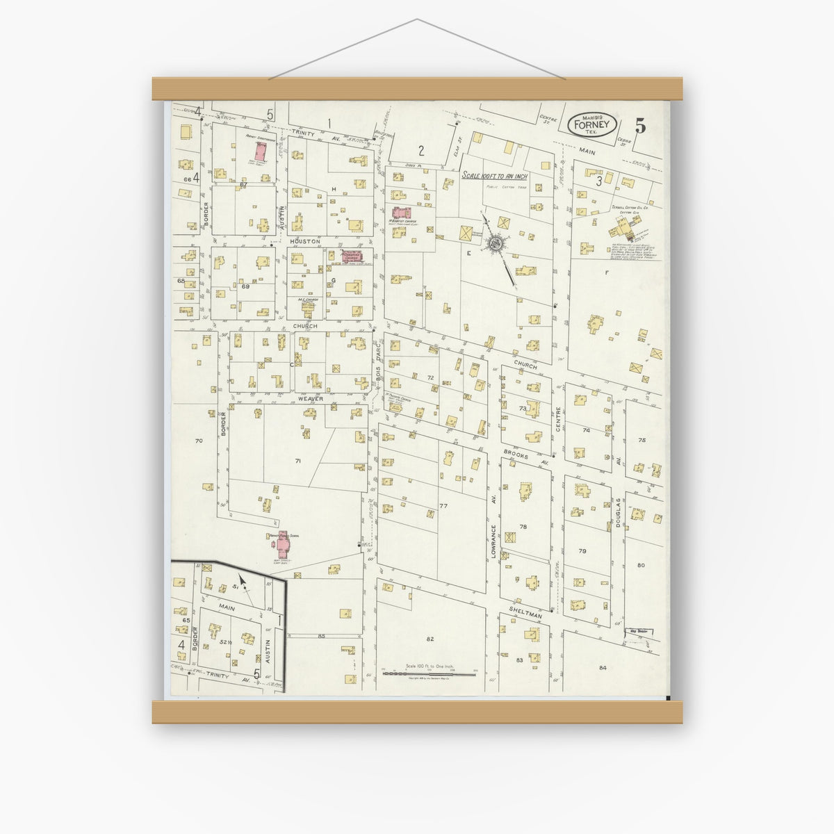 Old map wall art mockup — magnetic wood frame on white wall — Sanborn Fire Insurance Map from Forney, Kaufman County, Texas (1919), Sheet #0005